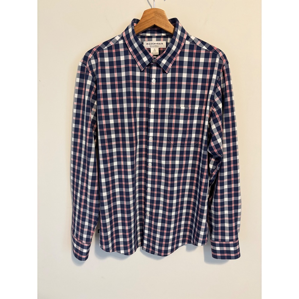 Mizzen+Main Mens Performance Plaid Shirt Navy Red No Tuck Trim Fit medium